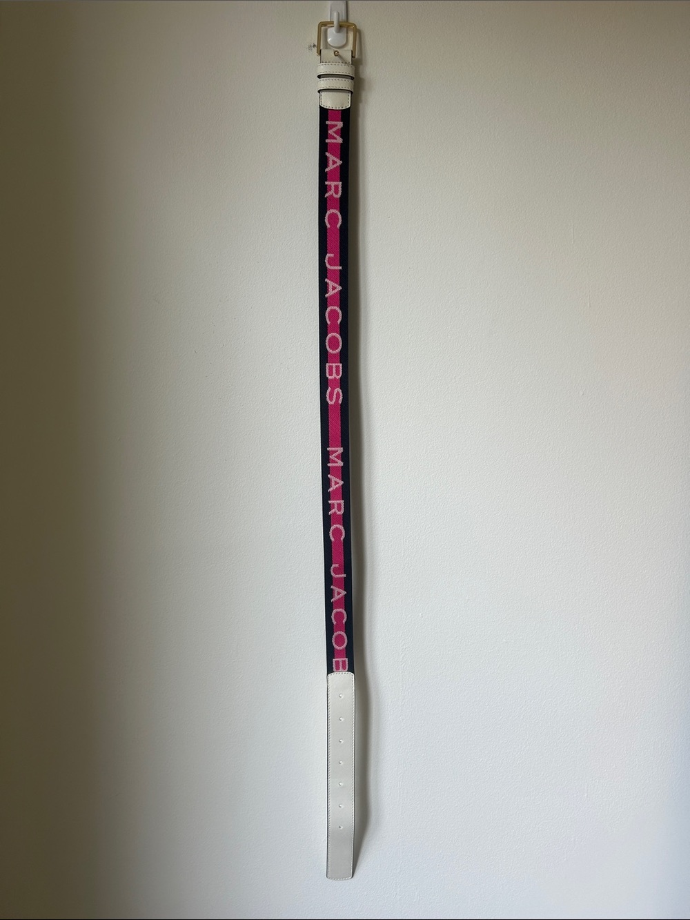 Marc Jacobs Black Webbing Belt with Hot Pink Logo and White Leather Trim
